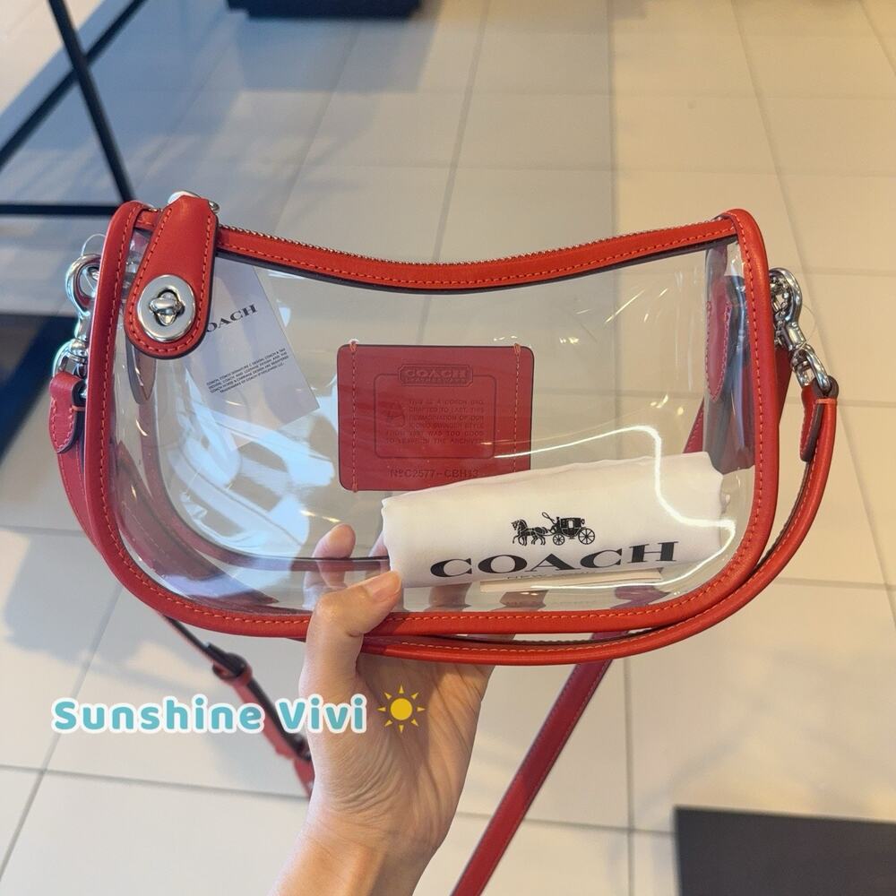 NWT Coach Stadium Swinger Bag Clear Coach with Dust Bag CBH13 Silver/Sport Red